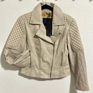 NWT Bod & Christenson Quilted Bone Off White Tan Leather Moto Motorcycle Jacket